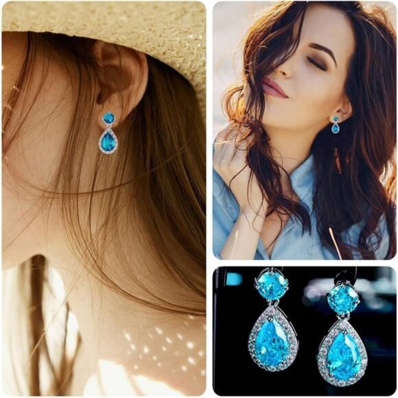 Drop Dangle Earrings - White Gold Plated Gemstone Teardrop Crystal Hypoallergeni - Picture 5 of 8